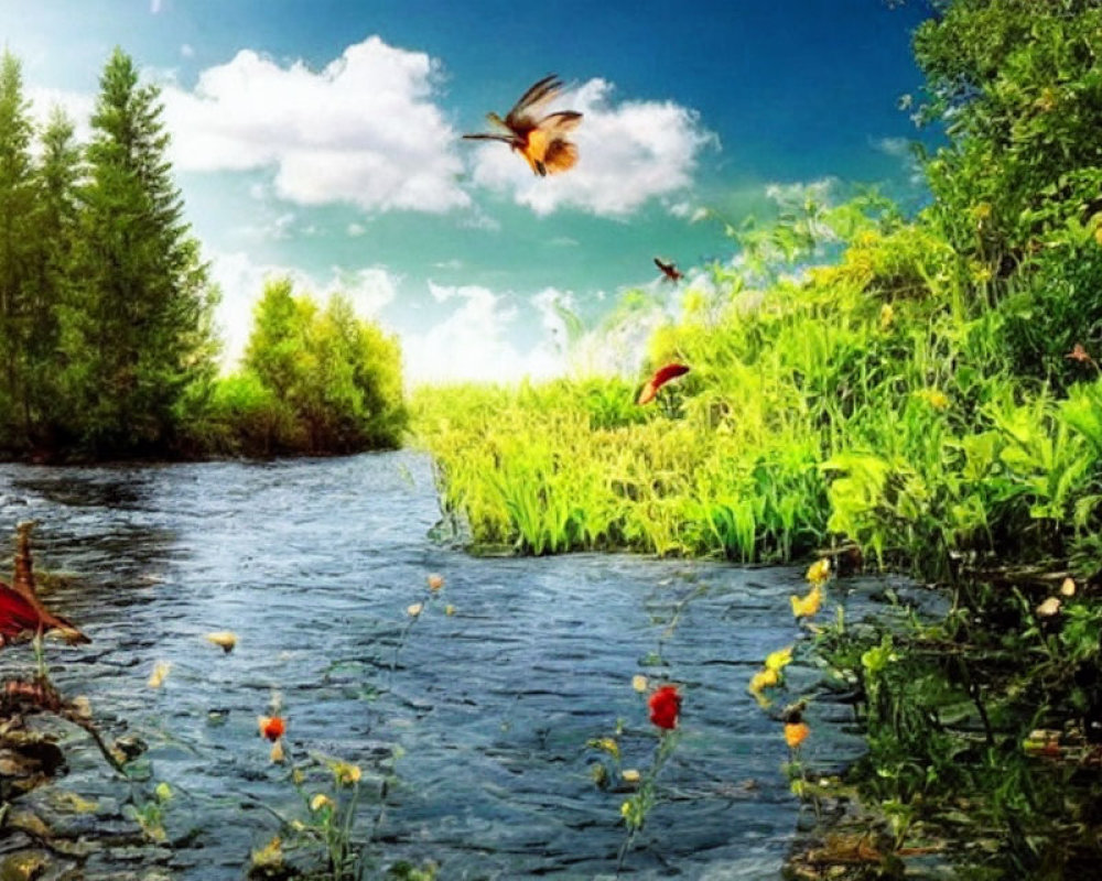 Colorful landscape with river, greenery, flowers, and birds under blue sky