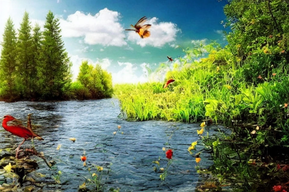 Colorful landscape with river, greenery, flowers, and birds under blue sky