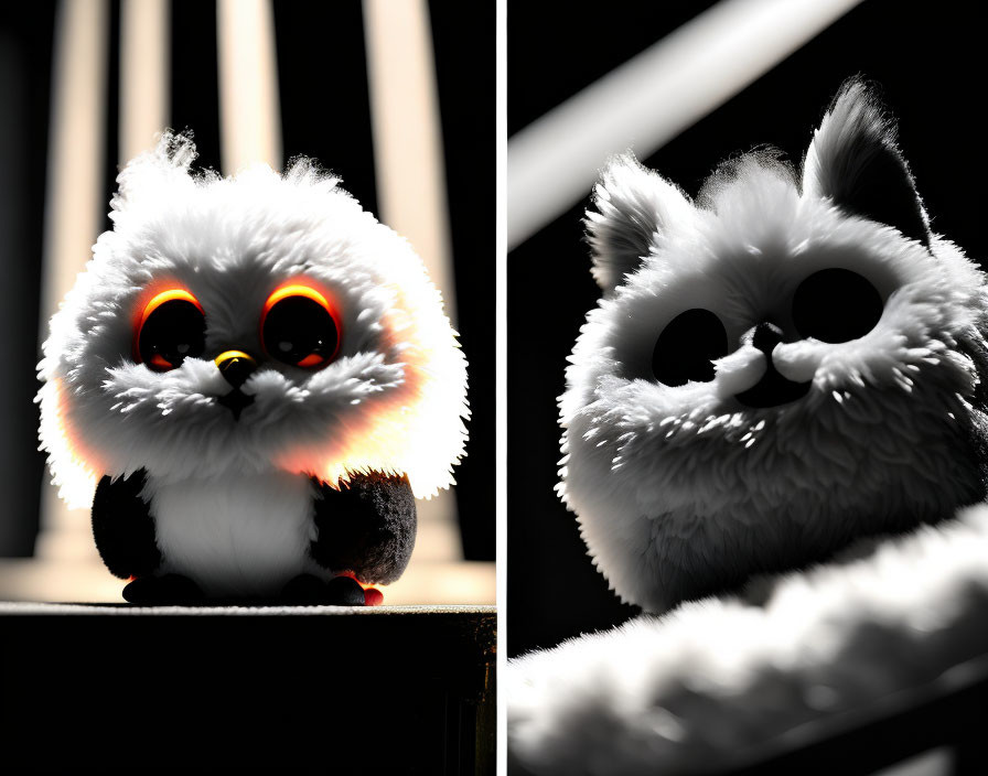 Fluffy creature with orange eyes: Front and side views in dramatic lighting