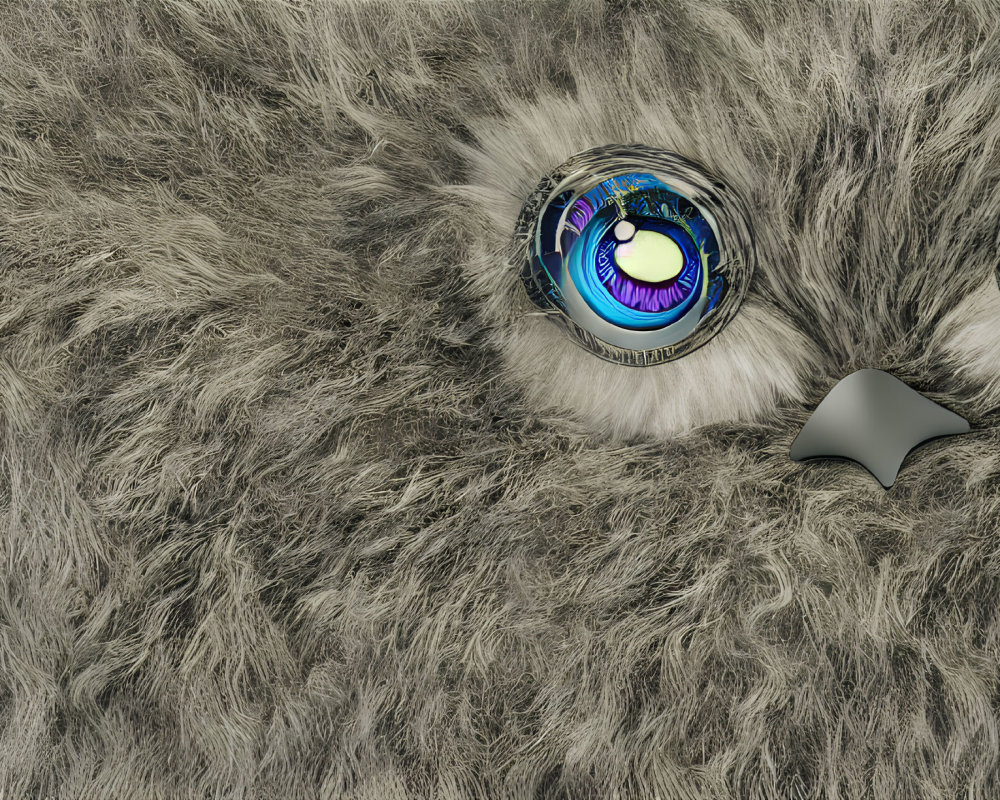 Textured grey and white furry background with detailed colorful robotic eye juxtaposed with simple black eye