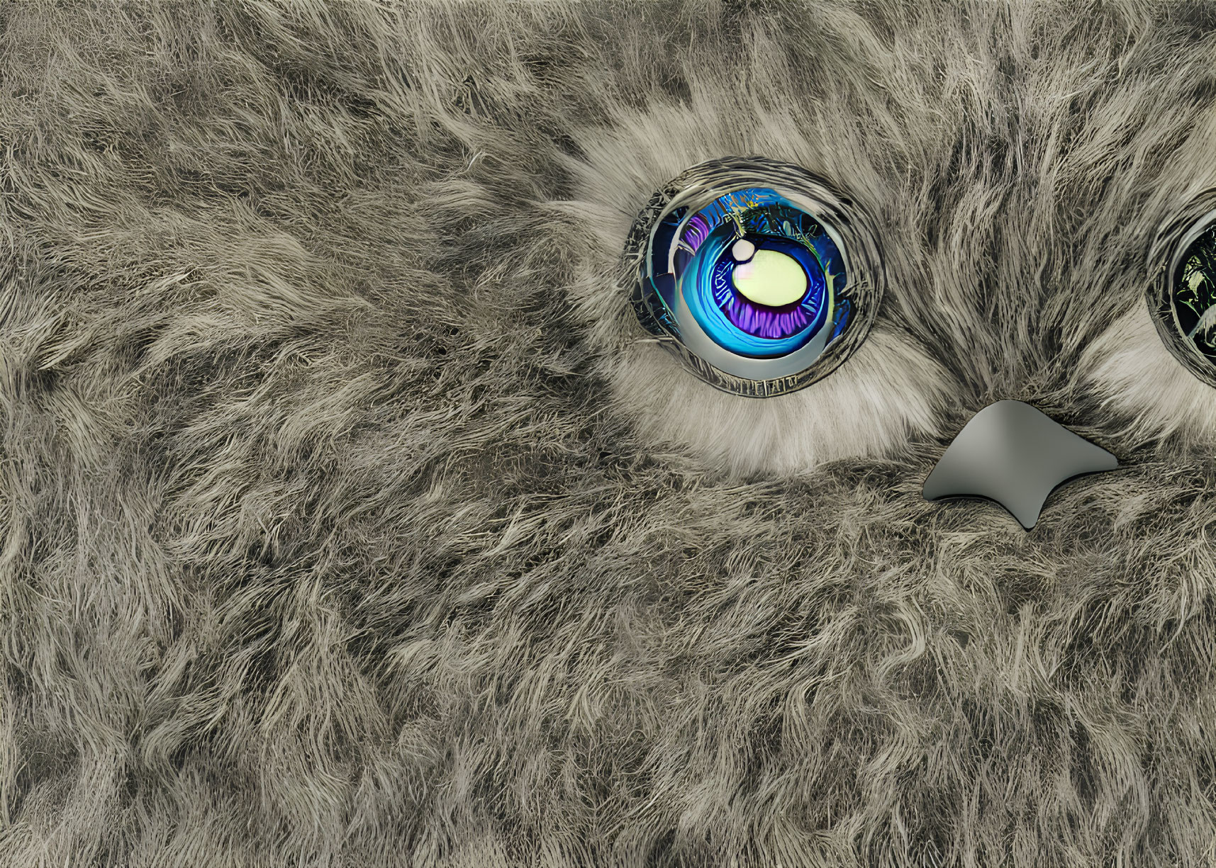 Textured grey and white furry background with detailed colorful robotic eye juxtaposed with simple black eye