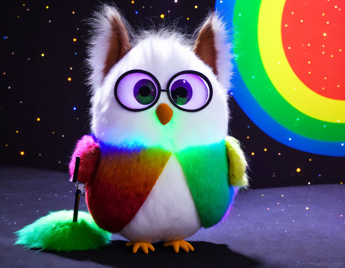 Vibrant plush owl with glasses and microphone on starry rainbow background