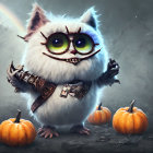 White Cat with Steampunk Goggles and Lantern Among Carved Pumpkins