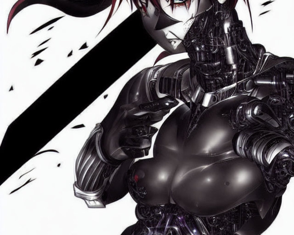 Cyborg with Red Hair and Eye Patch in Detailed Armor, Feathers Background