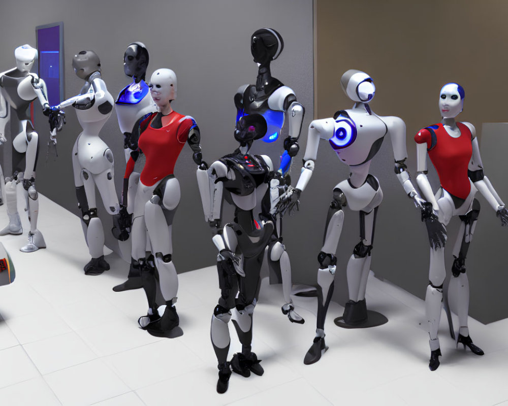 Assorted humanoid robots and a wheeled robot in room setting