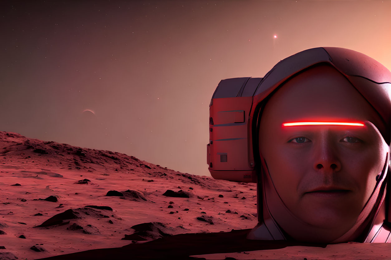 Astronaut's Helmet with Reflective Visor on Mars-Like Landscape