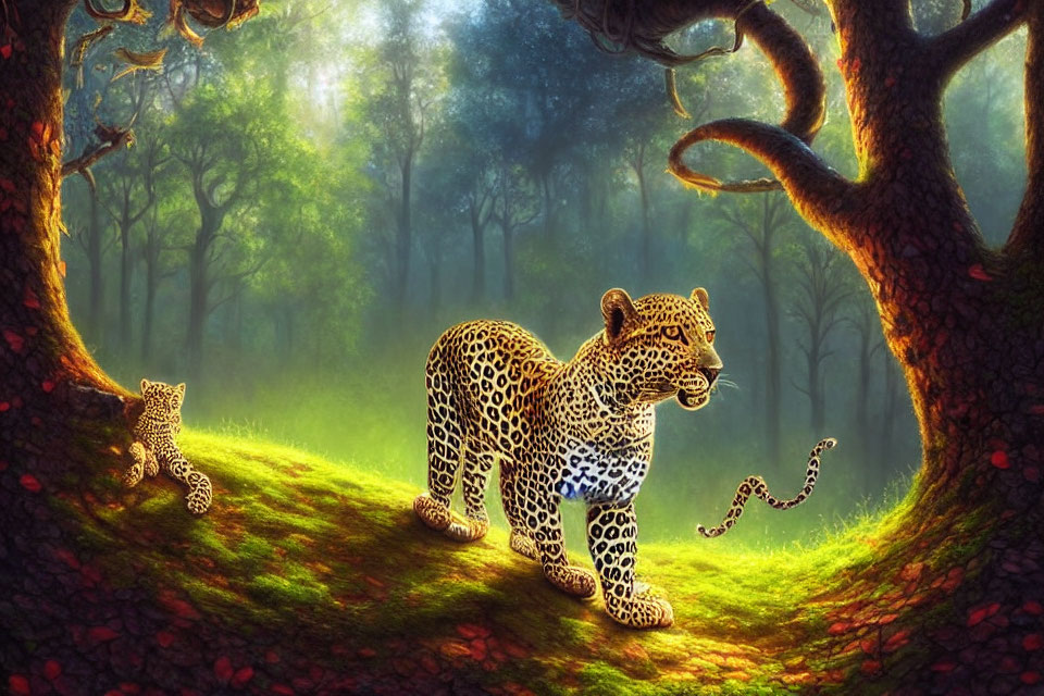 Digital Painting: Two Leopards in Mystical Forest with Sunlight Filtering Through Trees