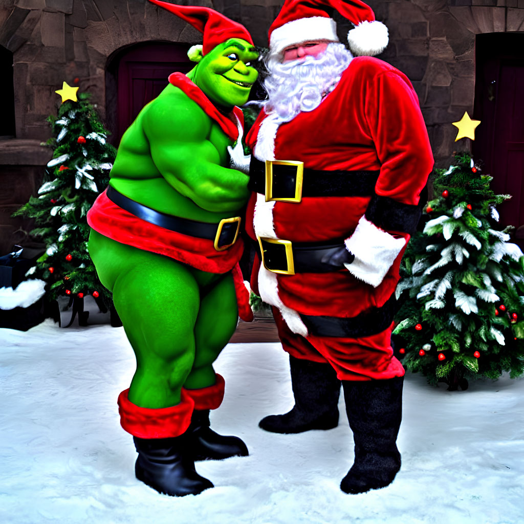 Costumed characters as Grinch and Santa Claus posing among Christmas trees and snow