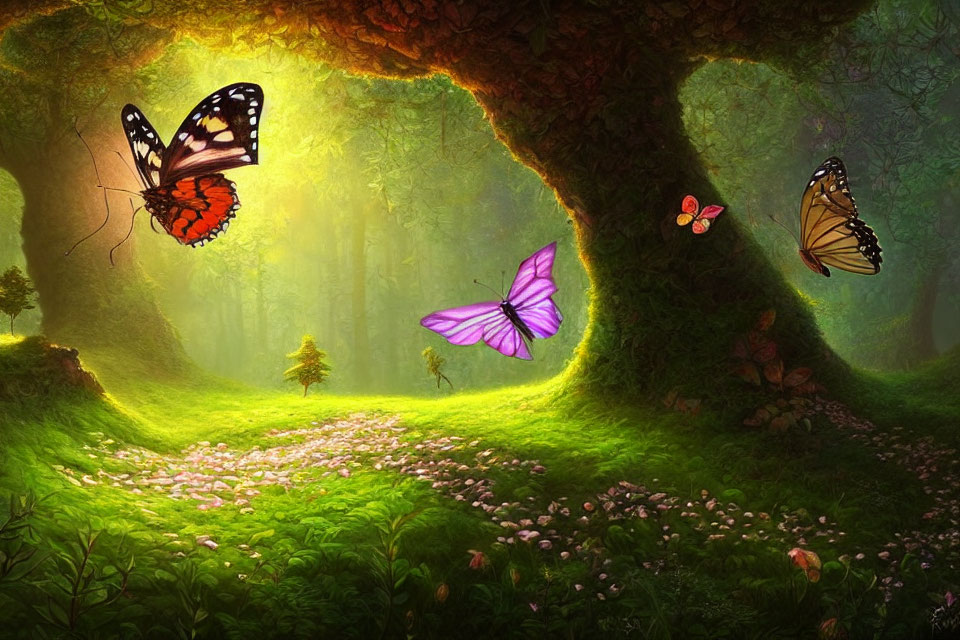 Colorful butterflies fluttering in vibrant forest glade with sunlight filtering through trees