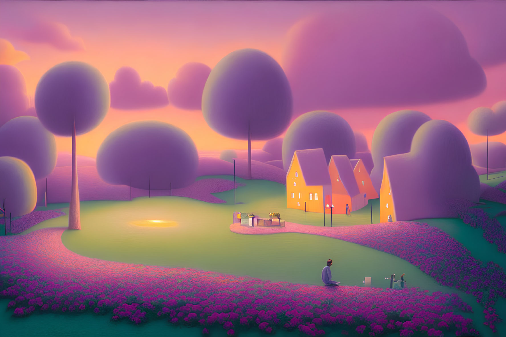 Stylized purple landscape with rolling hills, trees, pond, house, and figure on bench