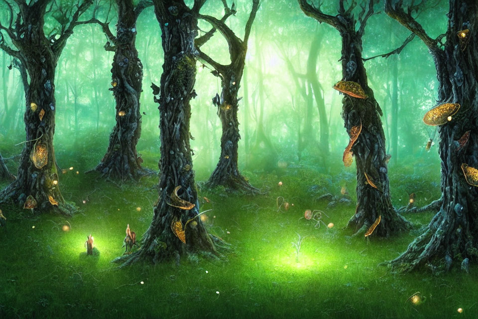 Luminous mushrooms and fireflies in mystical forest