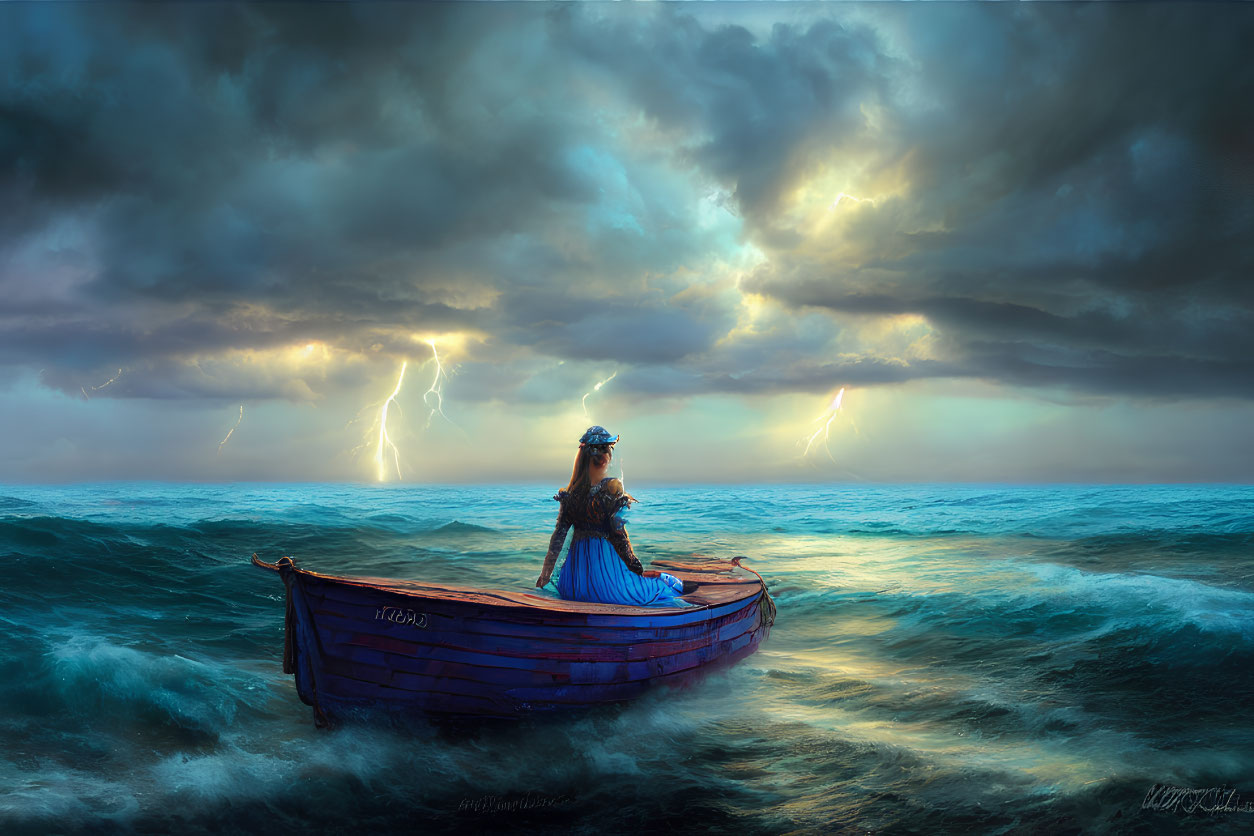 Woman in Blue Dress Standing in Boat Amidst Stormy Seas