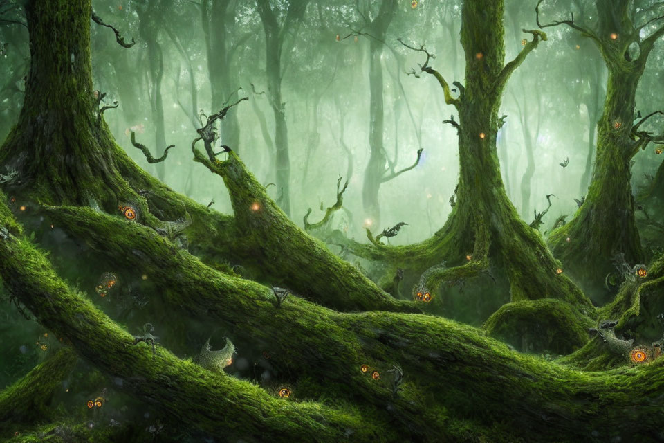 Moss-covered trees and glowing orange lights in misty forest