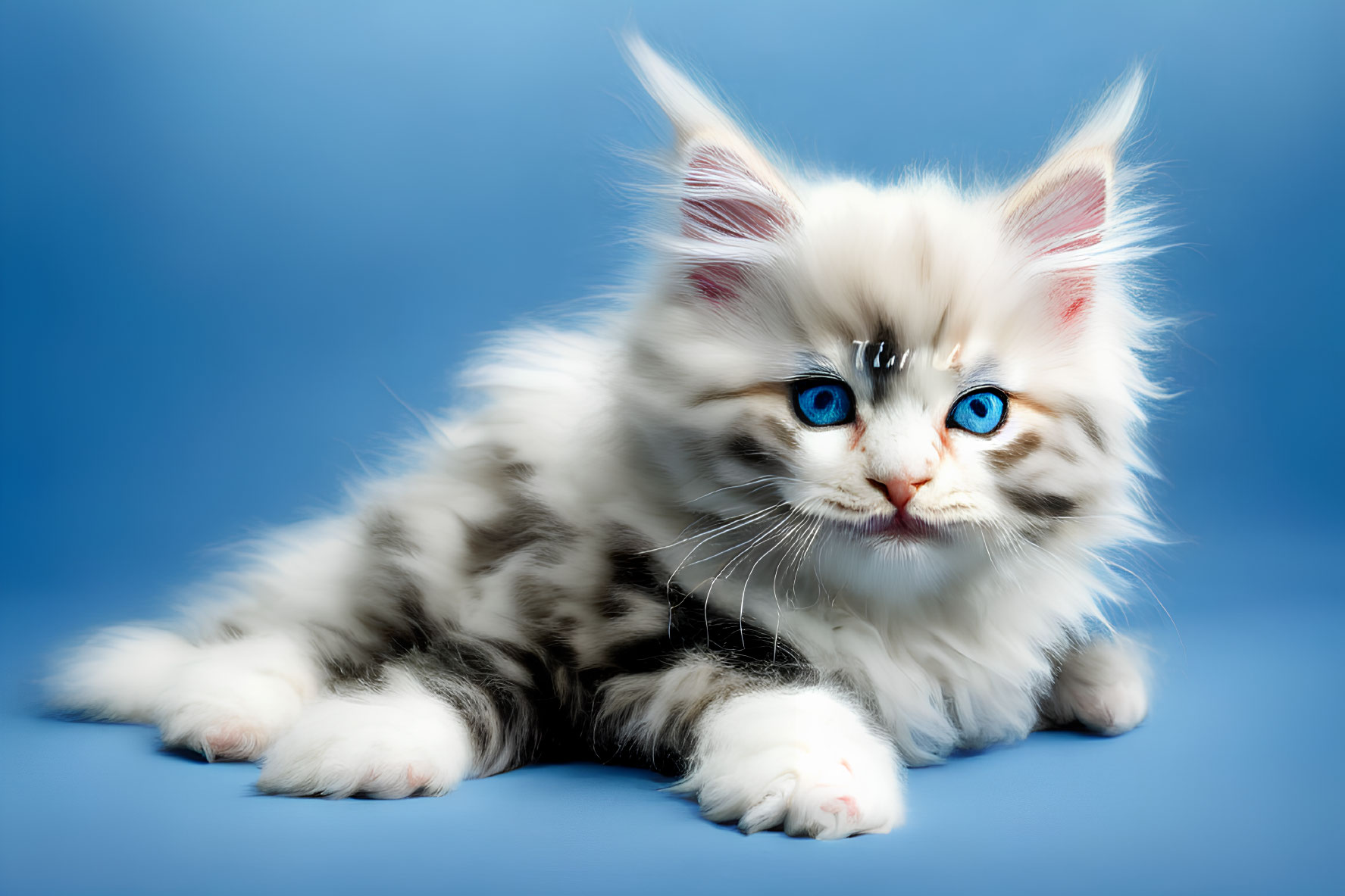 Fluffy White Kitten with Black Spots and Blue Eyes on Blue Background
