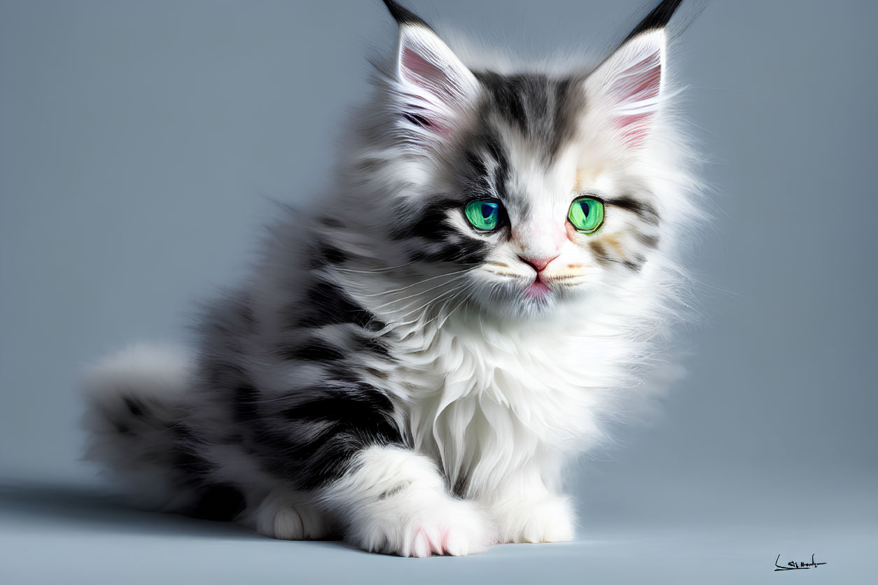 Adorable black and white kitten with green eyes and long whiskers on grey backdrop