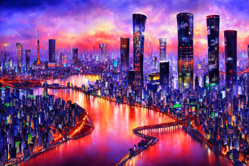 Futuristic cityscape with glowing river and colorful sky