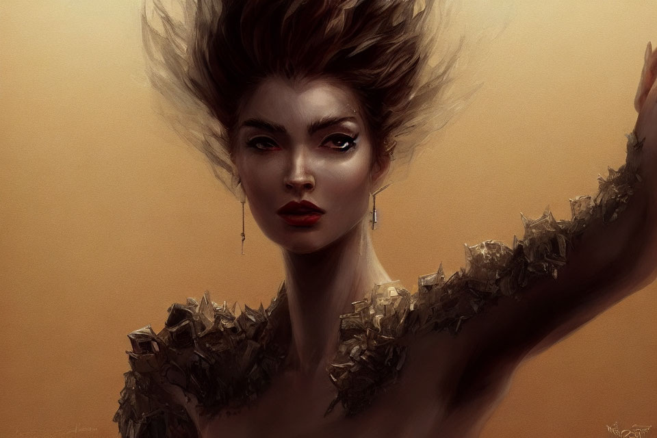 Digital painting of woman with striking makeup, voluminous hair, and textured gold shoulder piece.