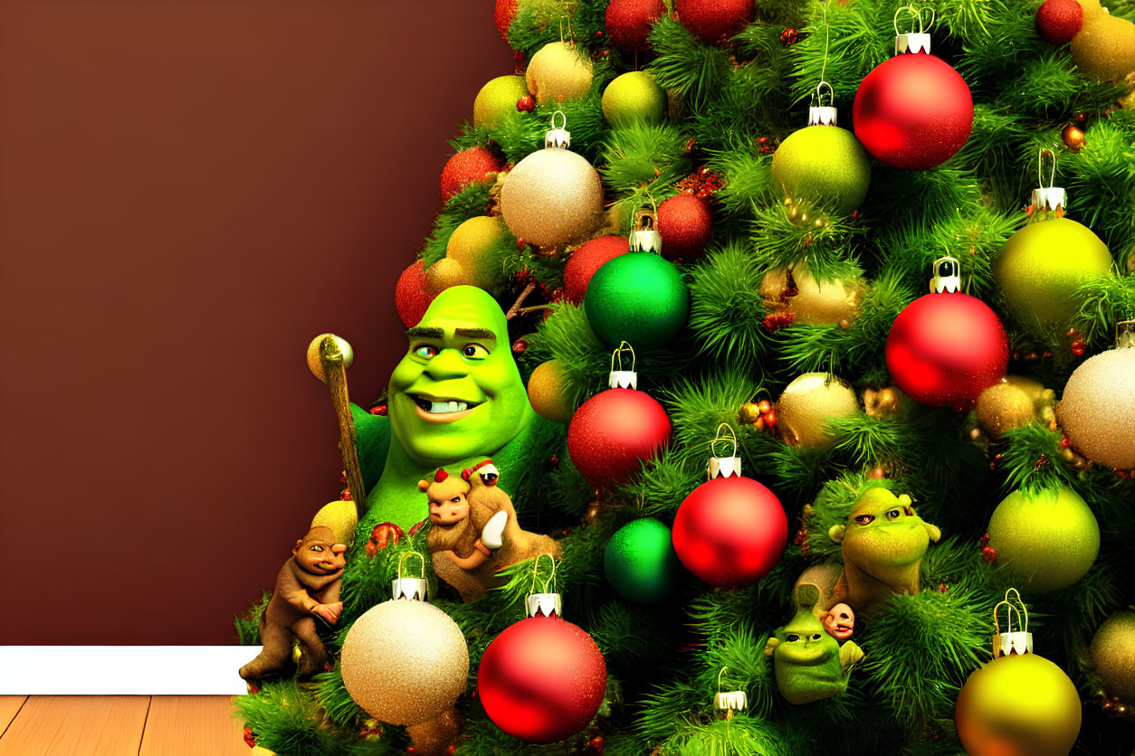 Festive Christmas tree with red and gold ornaments and animated characters.