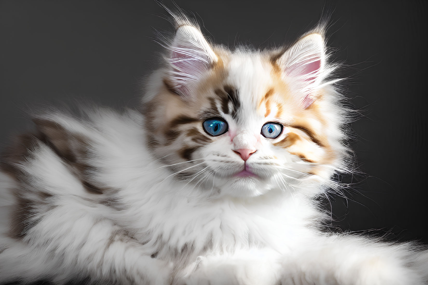 White and Brown Kitten with Blue Eyes on Dark Background