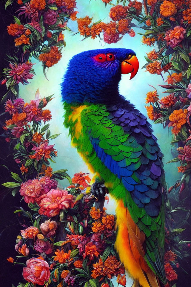 Colorful Parrot Among Blue, Green, and Yellow Flowers