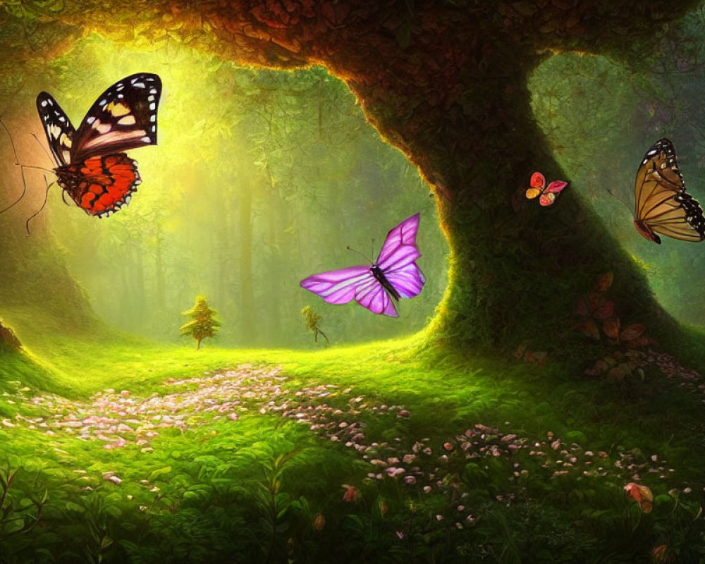 Colorful butterflies fluttering in vibrant forest glade with sunlight filtering through trees