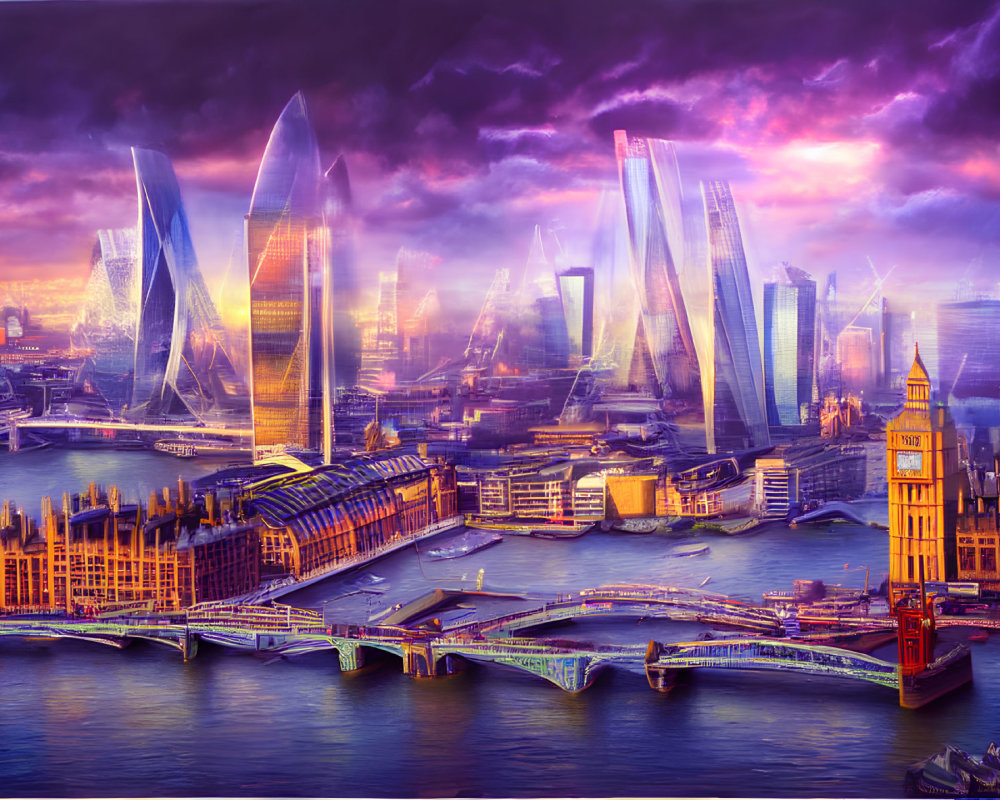 Futuristic cityscape with iconic landmarks and high-rise buildings near waterway