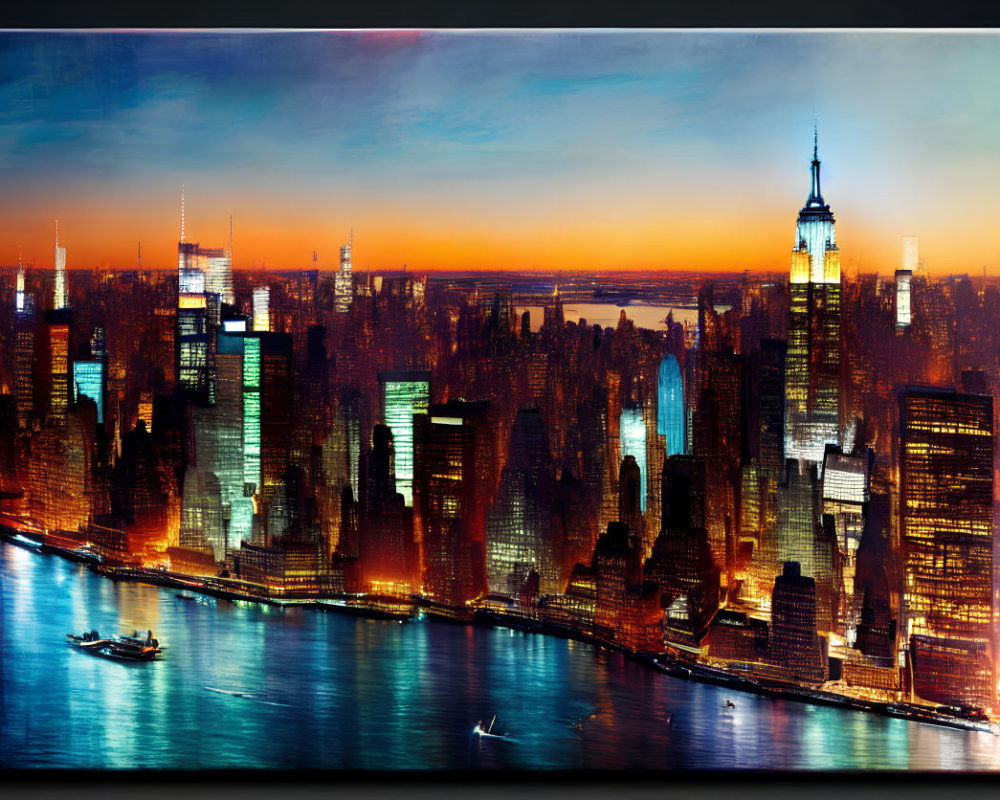 Colorful artistic depiction of New York City skyline at sunset