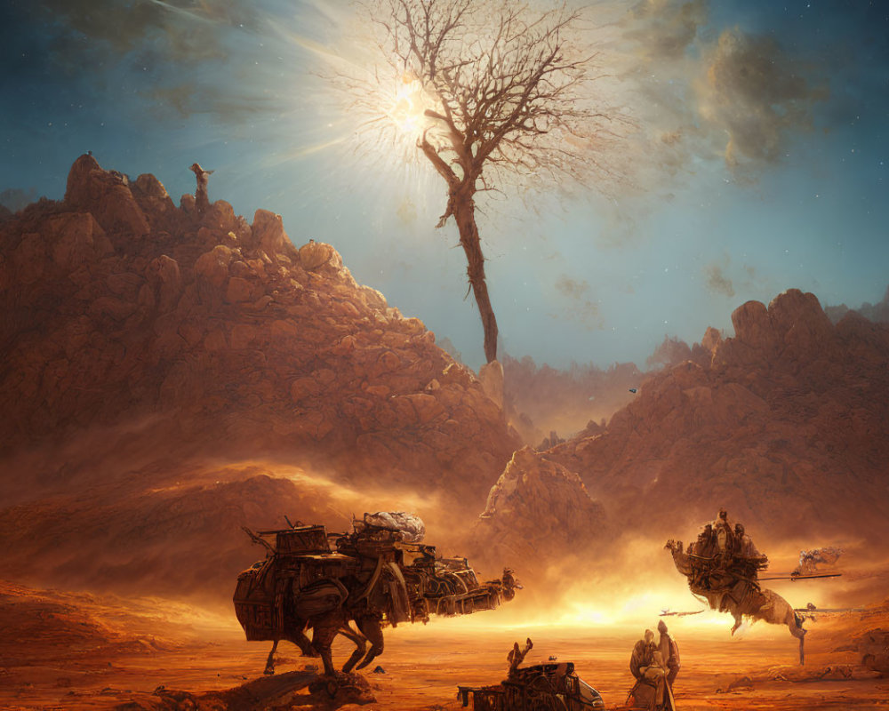 Barren landscape with lone tree, rocky terrain, and mechanical beast vehicles.