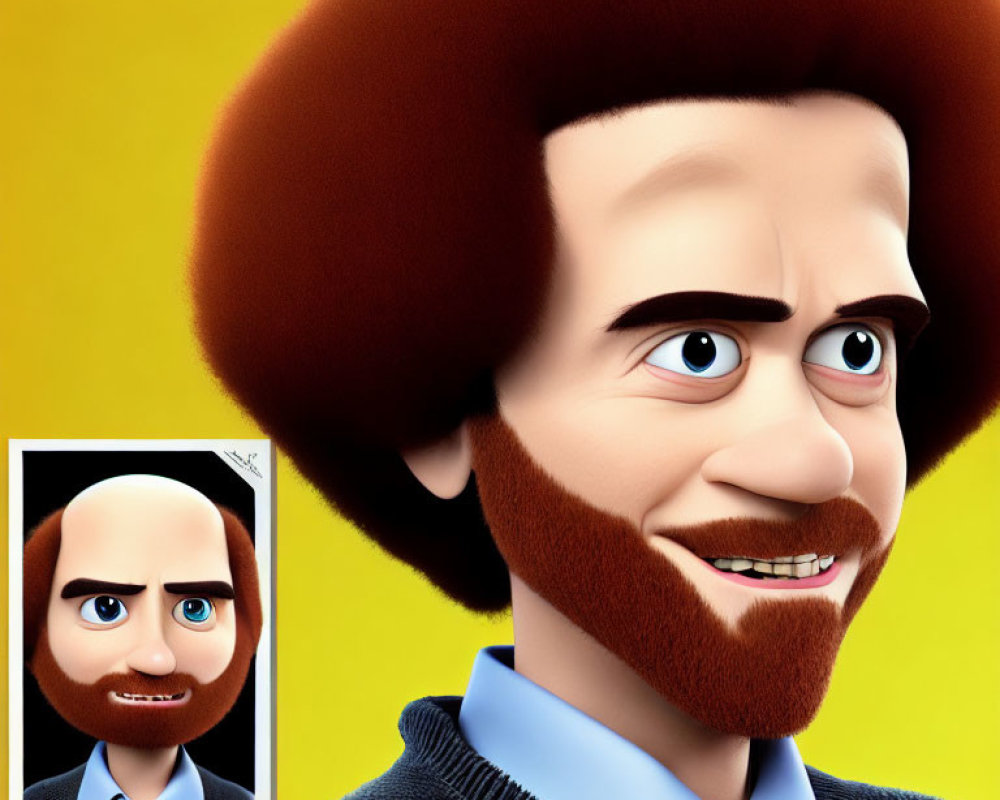 Stylized 3D Character with Oversized Head, Afro, and Beard in Sweater for