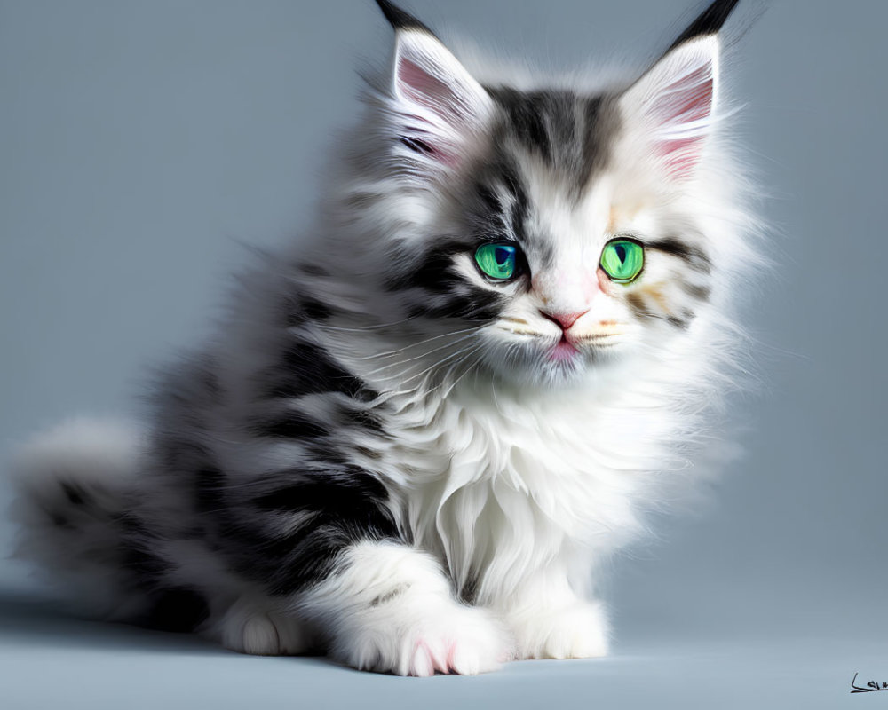 Adorable black and white kitten with green eyes and long whiskers on grey backdrop