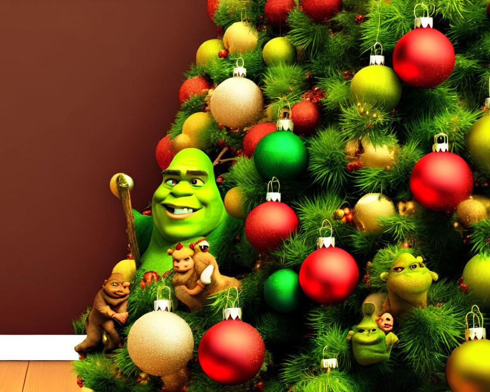 Festive Christmas tree with red and gold ornaments and animated characters.