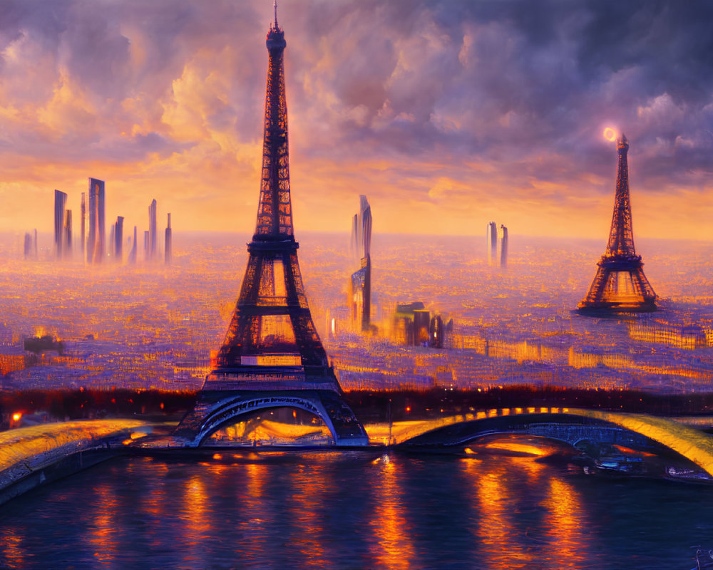 Digital artwork: Paris skyline with twin Eiffel Towers in futuristic cityscape at dusk