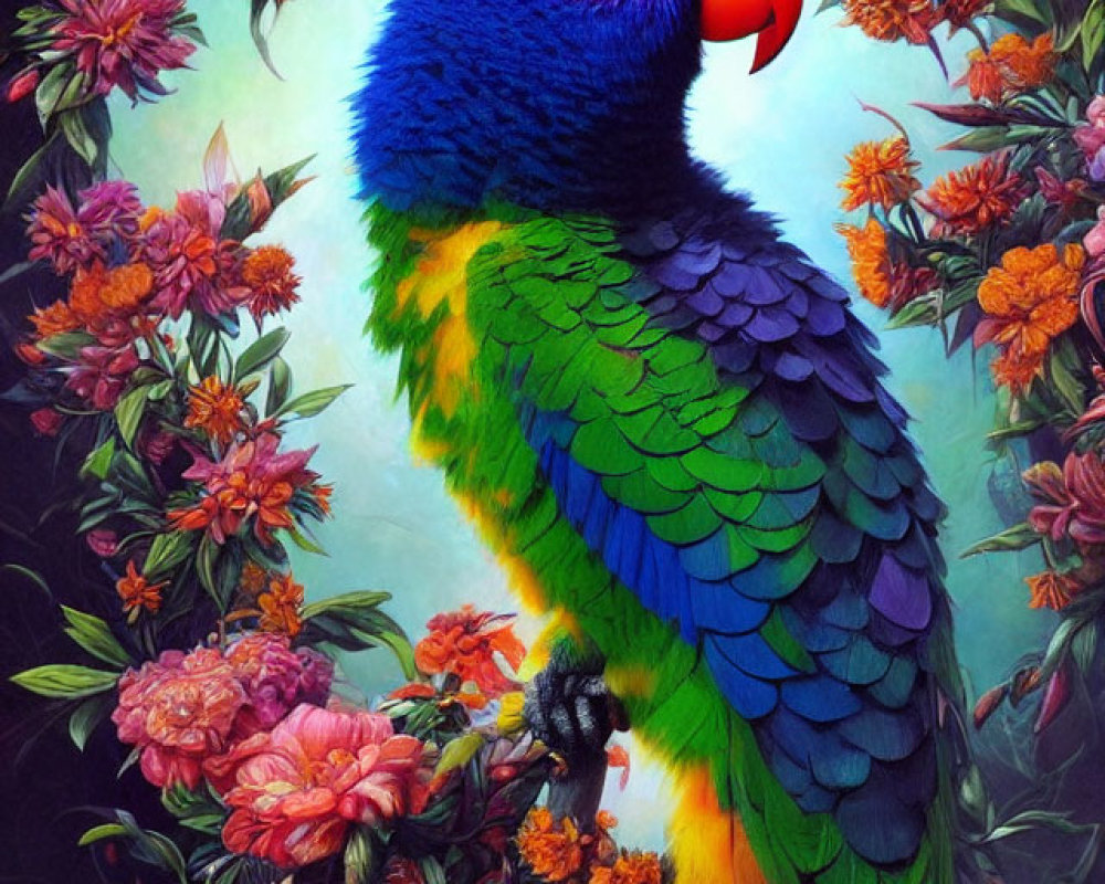 Colorful Parrot Among Blue, Green, and Yellow Flowers