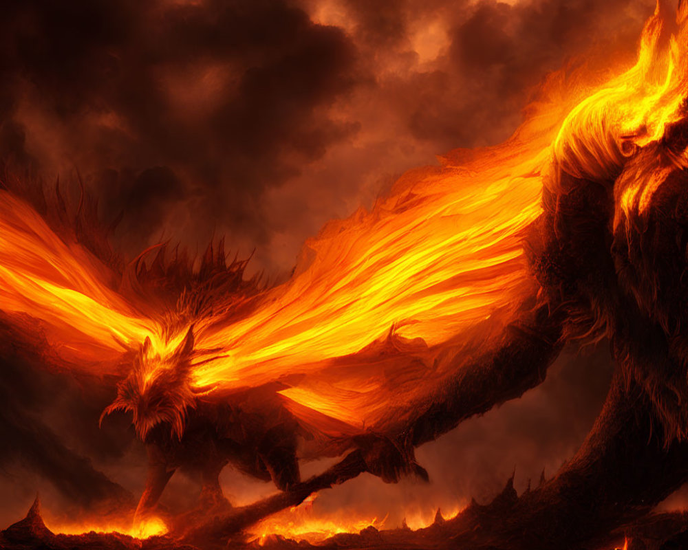 Fiery dragon with glowing wings in dark volcanic terrain