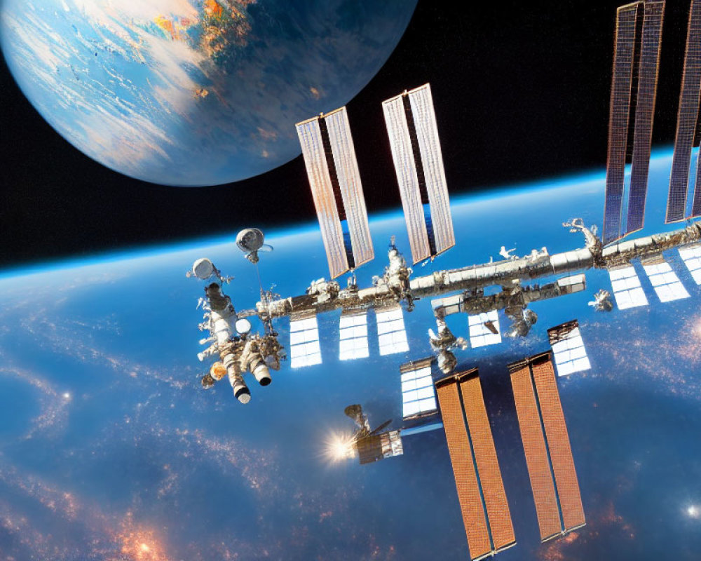 Detailed Illustration of International Space Station Orbiting Earth