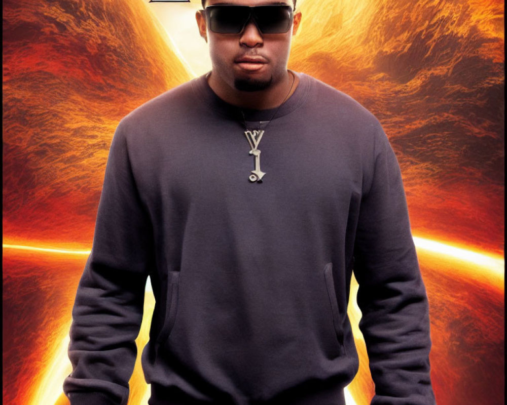 Confident man in sunglasses with lightning bolts on fiery backdrop