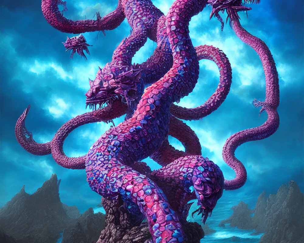 Purple multi-headed hydra emerges from sea with stormy sky background