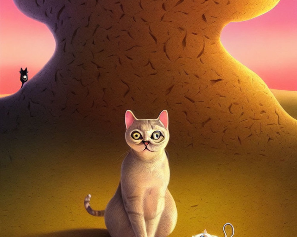 Whimsical digital artwork of large cat-shaped tree with realistic beige cat and tiny cat.