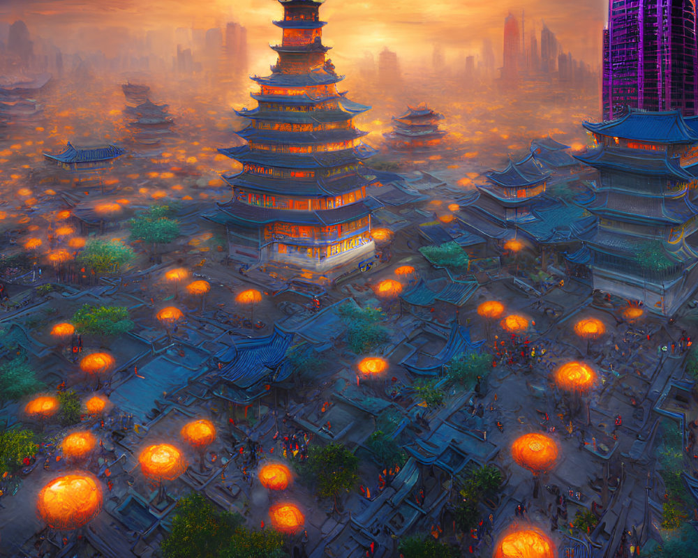 Futuristic cityscape with Asian architecture and skyscrapers under orange sunset sky