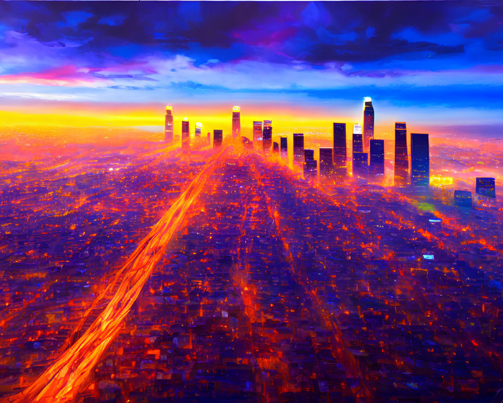 Colorful cityscape: sunset hues, illuminated buildings, streaking lights