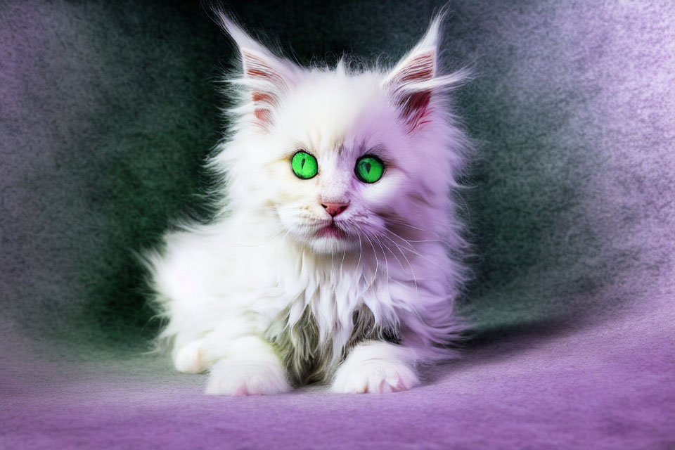 Fluffy White Kitten with Green Eyes on Purple Surface