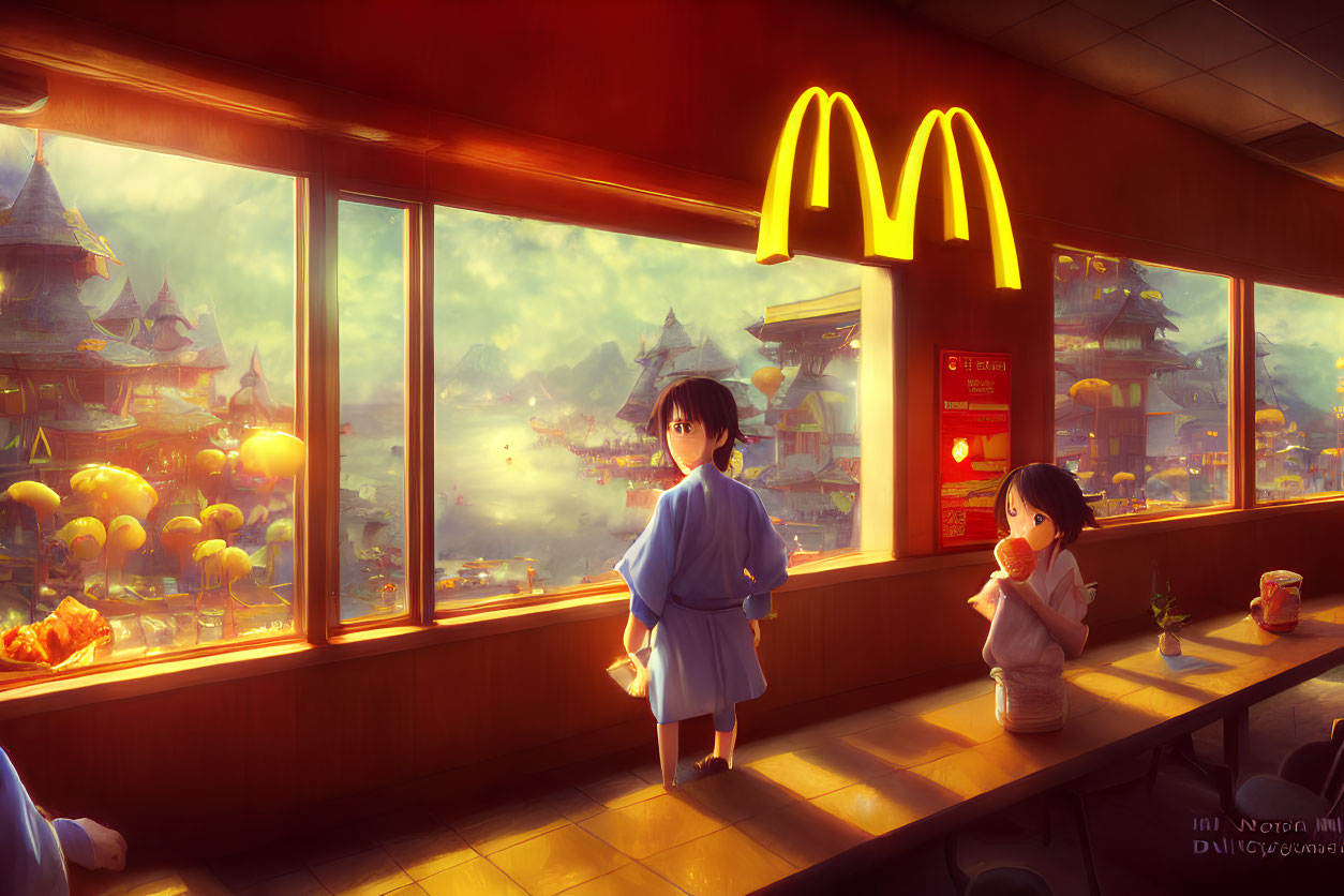 Animated characters in traditional McDonald's with fantasy landscape view.