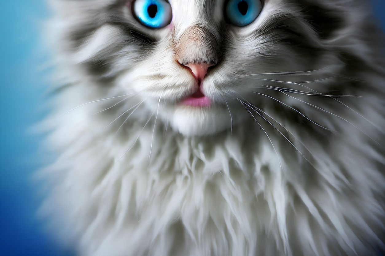 Fluffy white cat with blue eyes and pink nose on blue background
