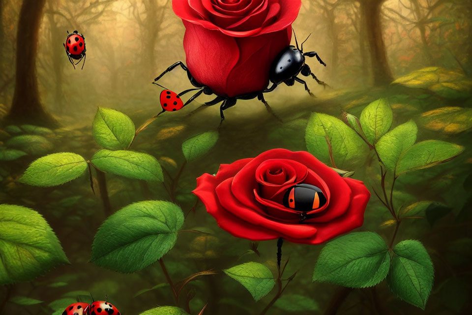 Red roses and ladybugs in misty forest scene