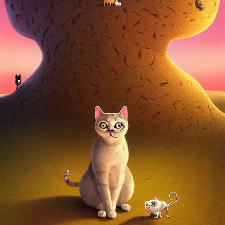Whimsical digital artwork of large cat-shaped tree with realistic beige cat and tiny cat.