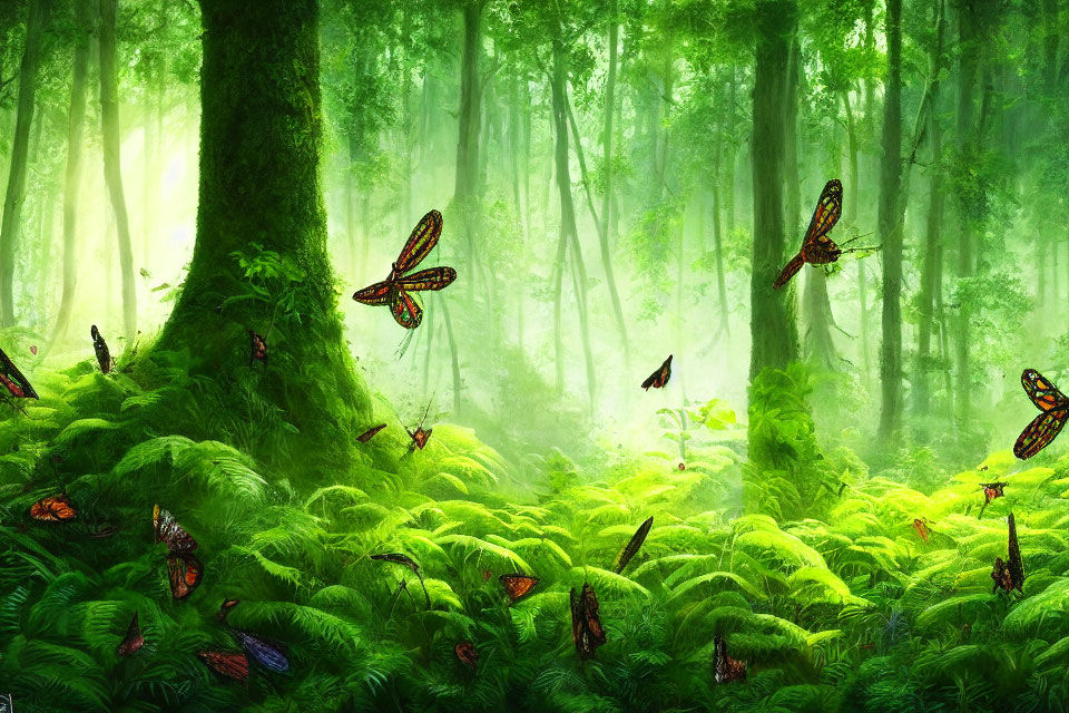 Sunlit Forest with Vibrant Ferns and Butterflies