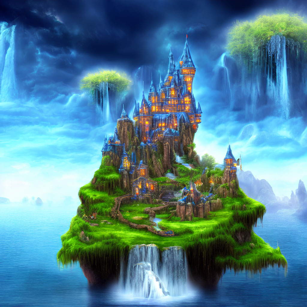 Majestic castle on a fantastical floating island with lush greenery