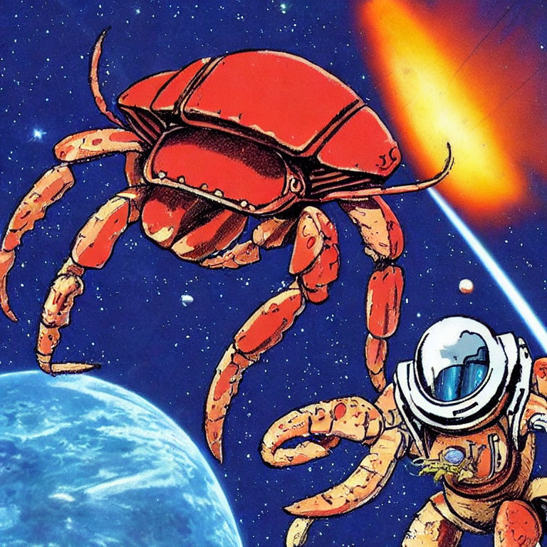 Astronaut faces giant red mechanical crab in space