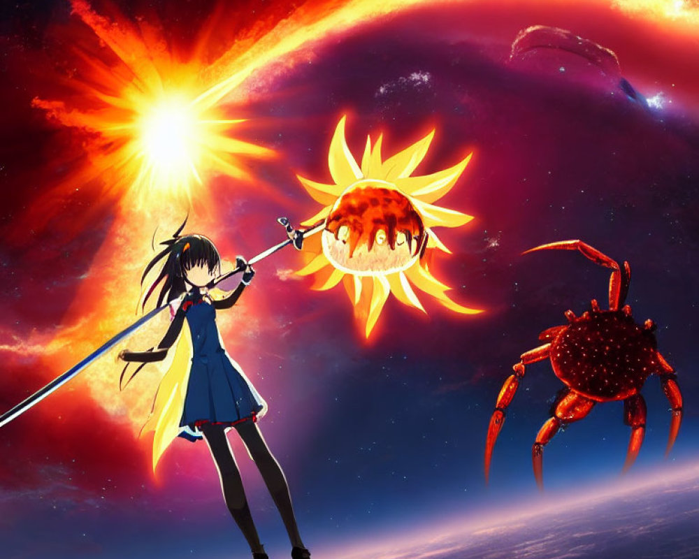 Anime-style girl with spear battles giant crab in cosmic scene