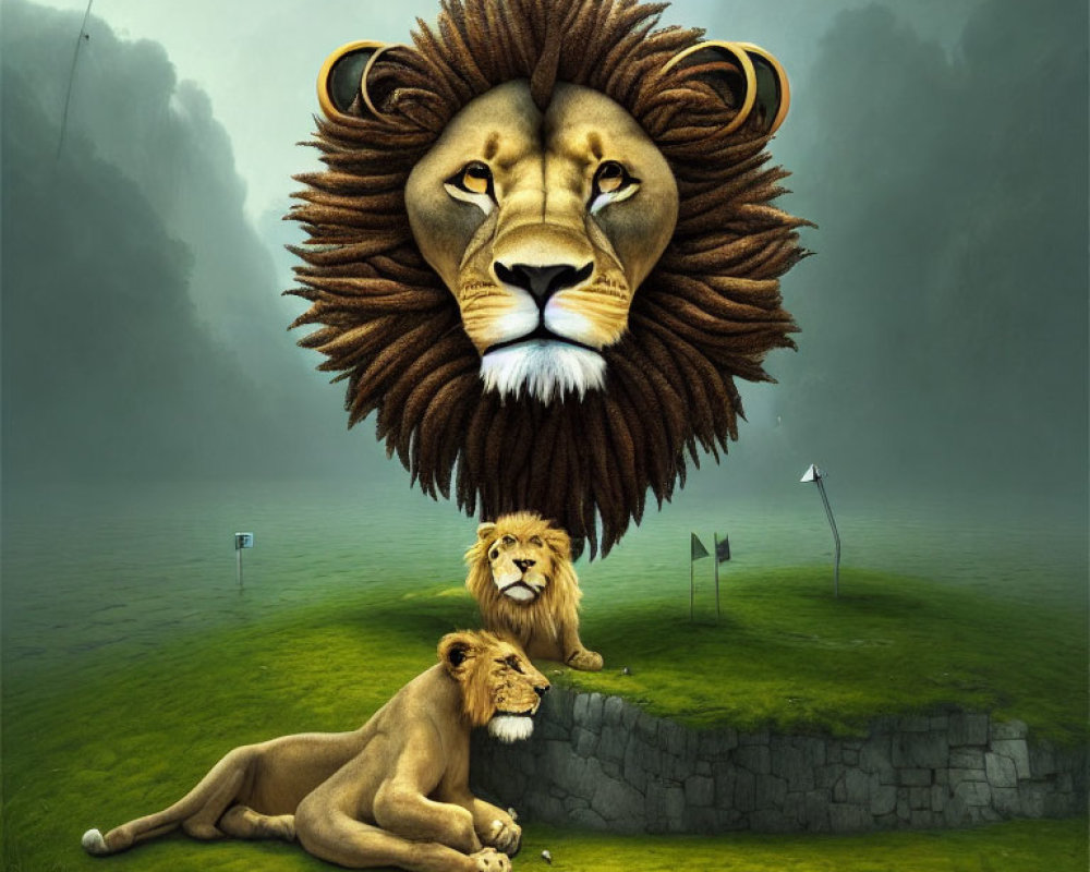 Surreal image of giant lion head above serene landscape